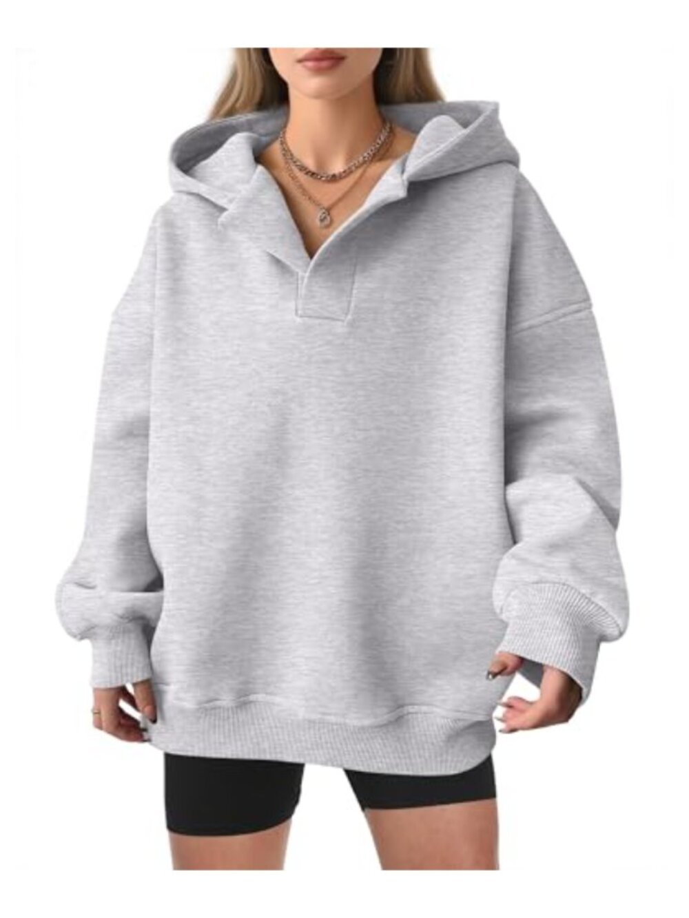 Oversized V Neck Hoodie Fleece Pullover Sweatshirt Long Sleeve